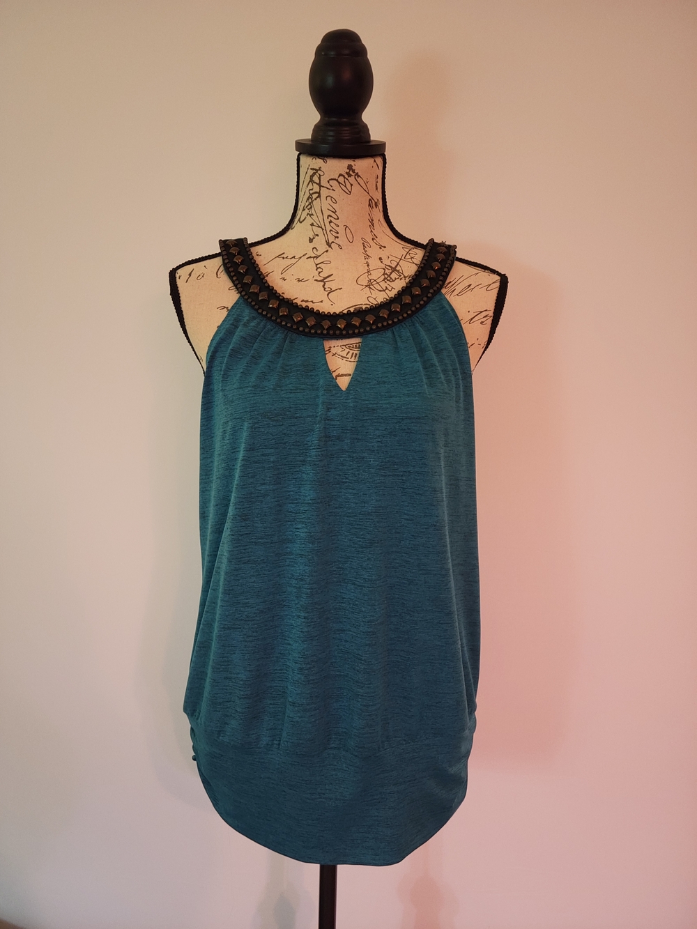 Sleeveless Teal Blouse with Beaded Neckline